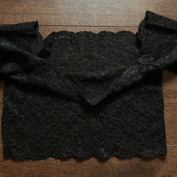 Y2K Crop Top Off Shoulder Sleeves Stretch Black Lace S - Picture 5 of 6